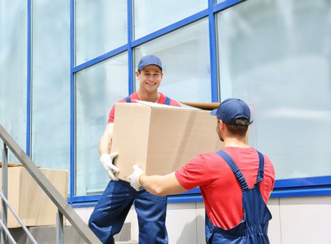 Packed boxes and furniture for a house move in North London