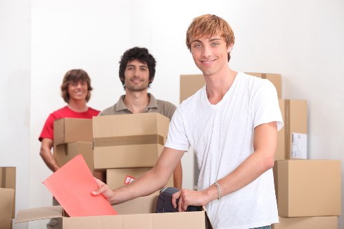 Packed office and retail items ready for a commercial relocation in Wood Green