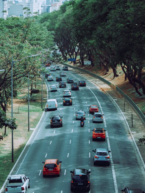 A view of a multi-lane urban street with several vehicles, including cars, vans, and motorcycles, moving in both directions under a canopy of large, leafy trees lining the roadside. The scene appears to be during daylight hours with natural light illuminating the street. On the right side, there is a sidewalk with a low green fence, and beyond the trees, high-rise buildings are partially visible in the background. The image captures the traffic flow typical of a busy city area, which may be relevant to home relocation logistics. The scene embodies a typical urban environment where professional removals services like those offered by Man with Van Wood Green involve careful planning for street access and vehicle navigation during a house move, especially on narrow or busy streets like in Wood Green on High Road.